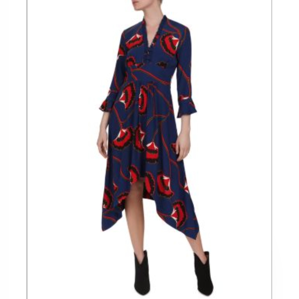 Asymmetrical Lalie Blue and Red Wrap Dress with Bell Sleeves